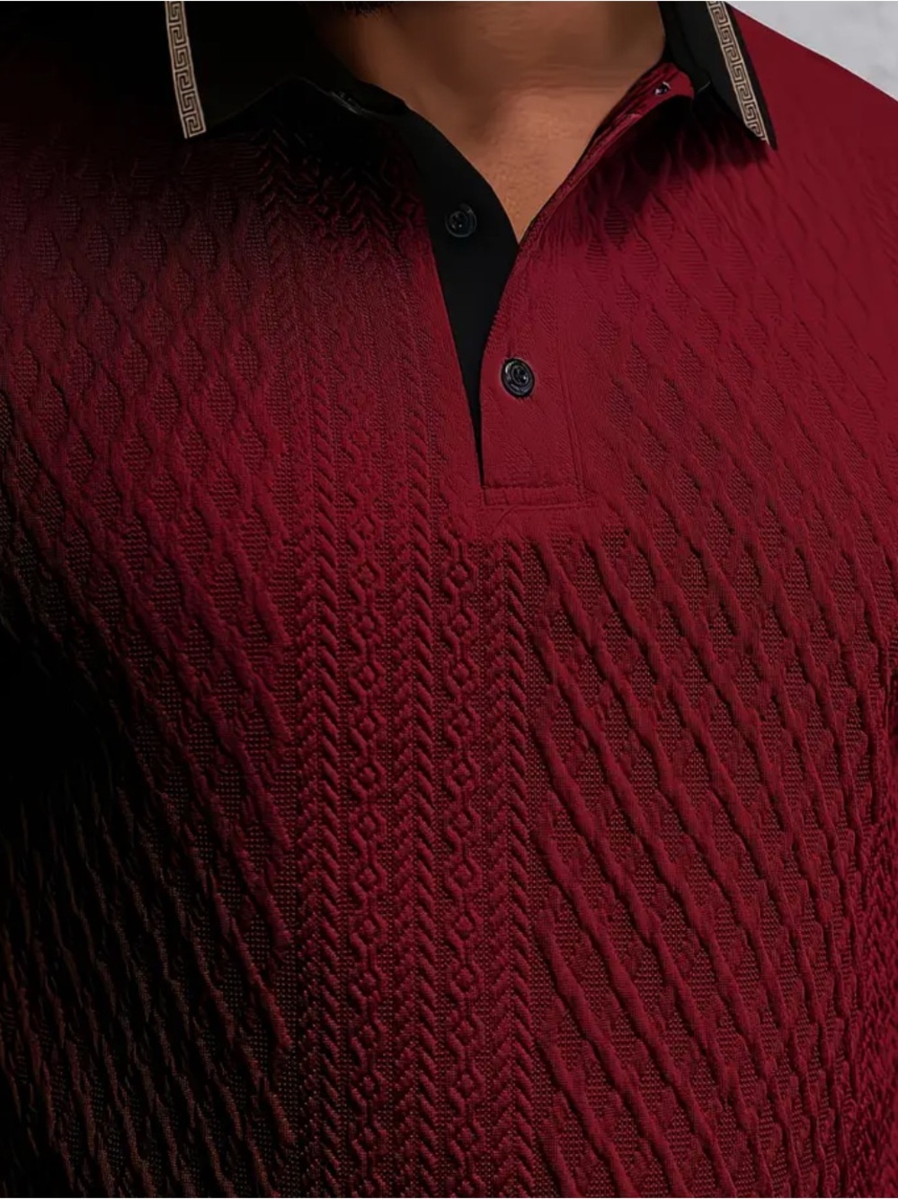 Men's Burgundy Textured Polo Shirt with Contrast Collar